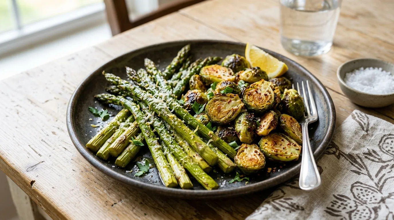 A vibrant plate featuring air-fried asparagus spears and crispy Brussels sprouts, lightly seasoned, presented as an appealing accompaniment.