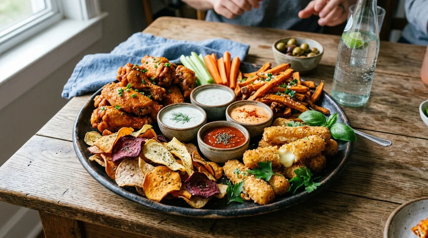 Assortment of air-fried appetizers and snacks on a platter, including mozzarella sticks, sweet potato fries, chicken wings, and vegetable chips, with dipping sauces in small bowls.