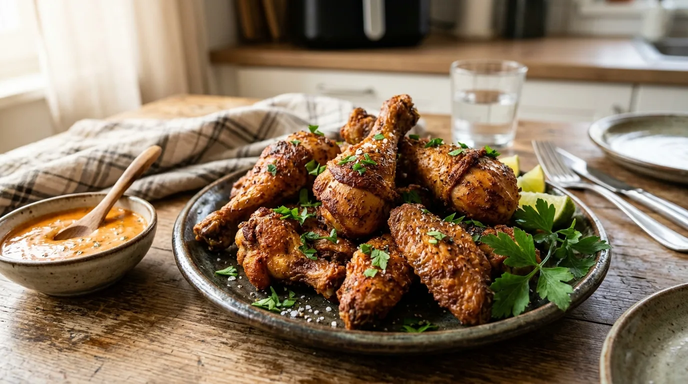 Golden brown air-fried chicken drumsticks and chicken wing sections on a plate, garnished with fresh parsley, with a small bowl of dipping sauce in the background.